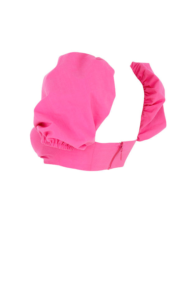 Top corsetto in lino rosa con maniche a sbuffo e minigonna