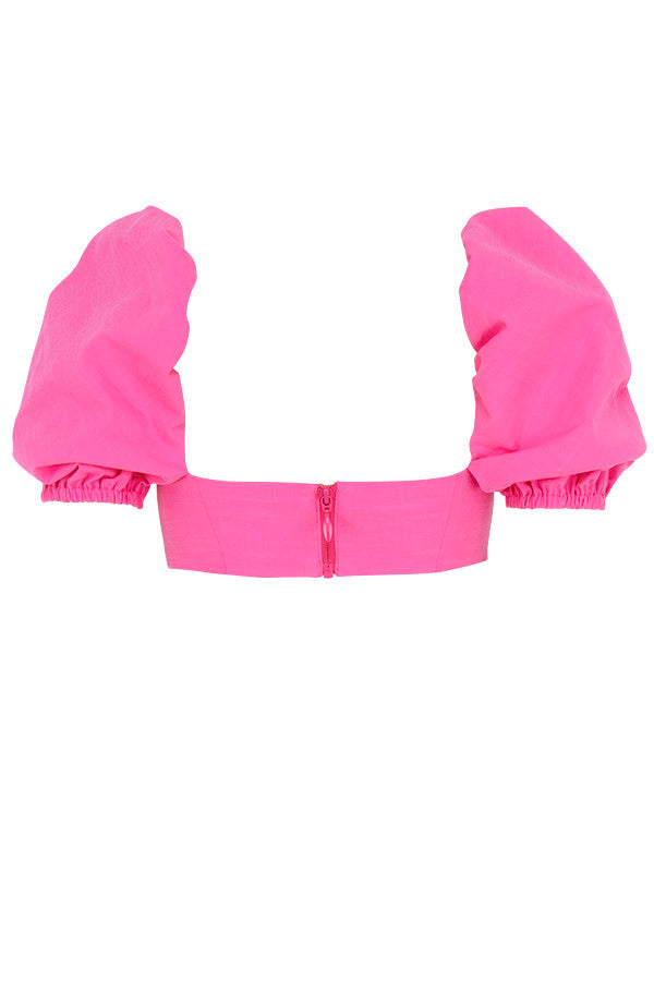 Top corsetto in lino rosa con maniche a sbuffo e minigonna