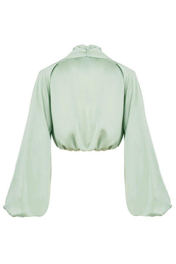 Top in blouson dal taglio profondo in raso di seta con gonna drappeggiata