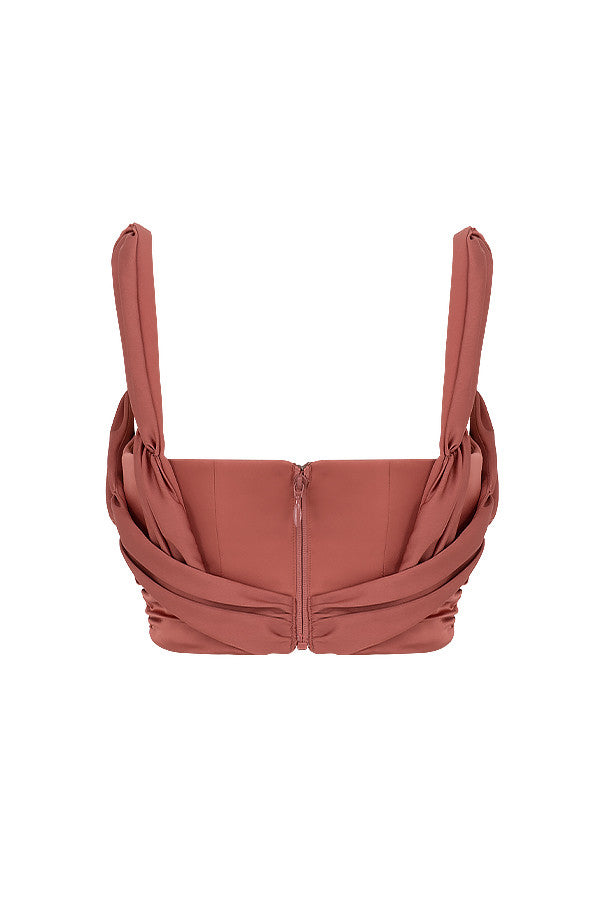 Corsetto drappeggiato in raso rosa con scollo drappeggiato