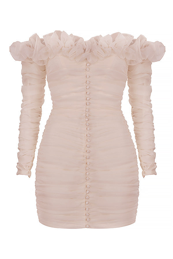 Abito senza spalline in chiffon avorio con volant