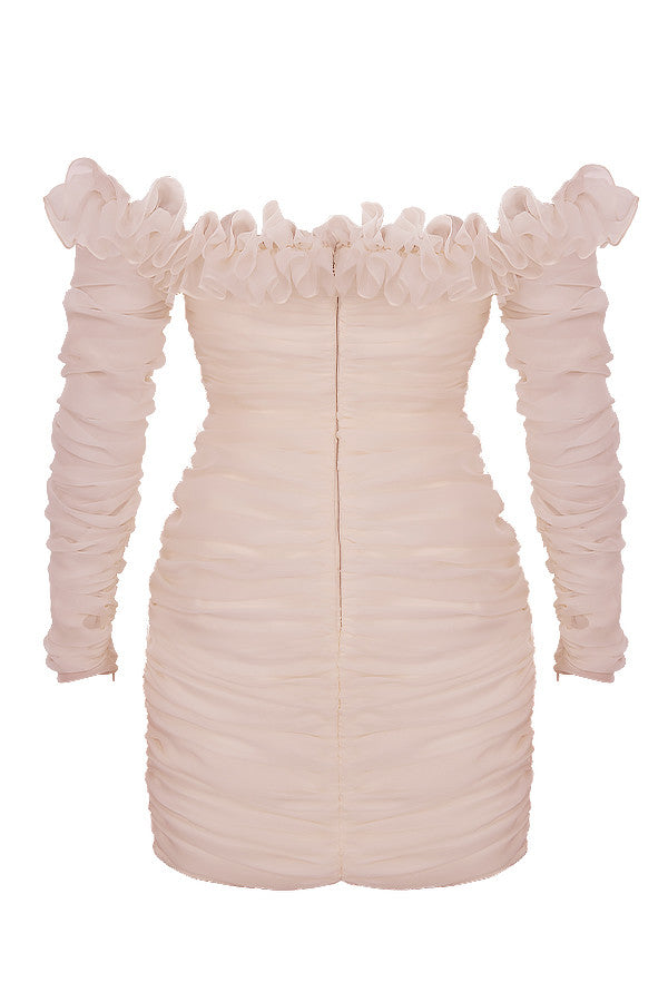 Abito senza spalline in chiffon avorio con volant