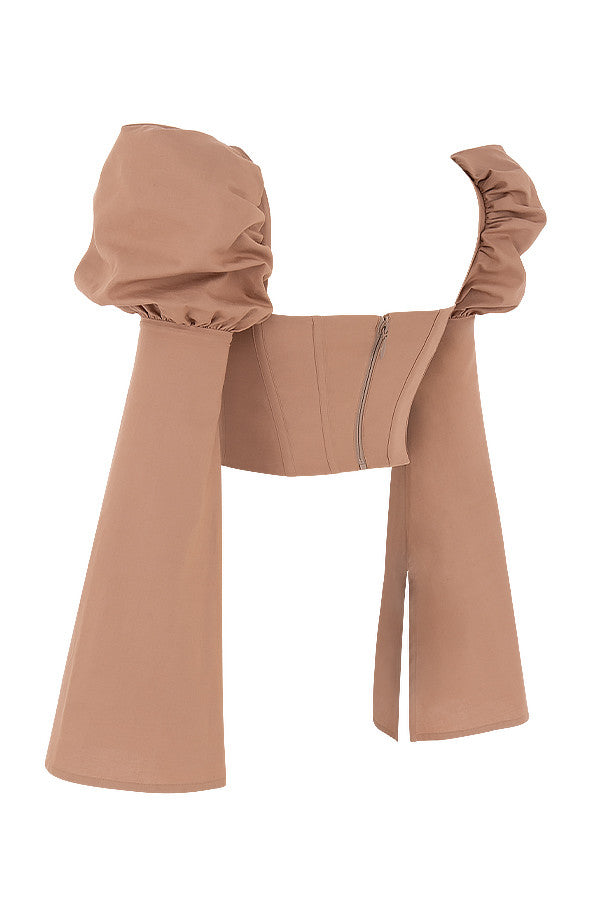 Corsetto in misto lino color moka con maniche svasate