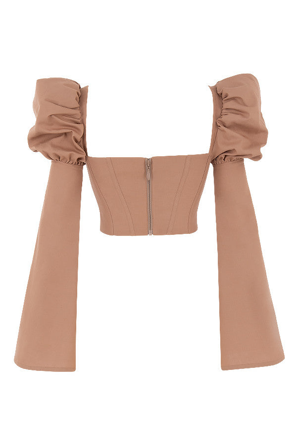 Corsetto in misto lino color moka con maniche svasate