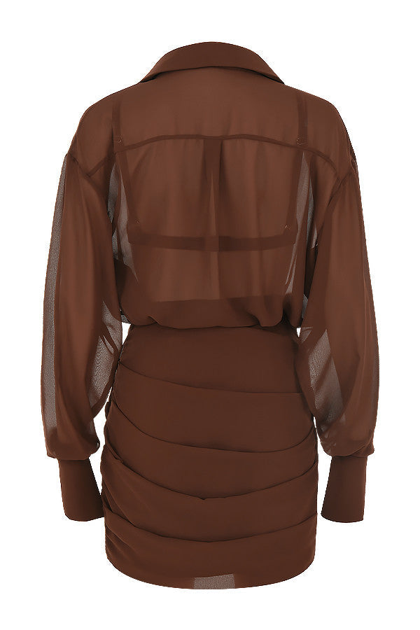 Vestito chemisier e bralette in chiffon color cioccolato