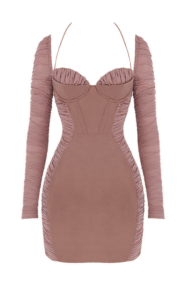 Mini vestito corsetto in suede con ruches