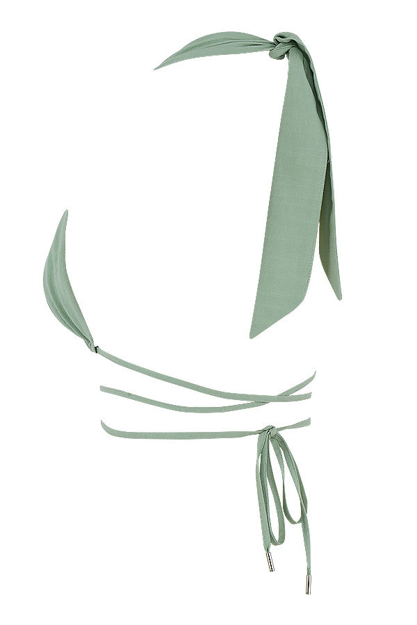 Top bustier color salvia con scollo all'americana e maxi gonna con coulisse