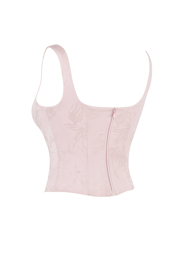 Corsetto lungo in raso floreale rosa con gonna midi