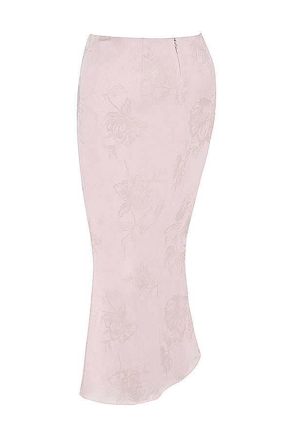 Corsetto lungo in raso floreale rosa con gonna midi