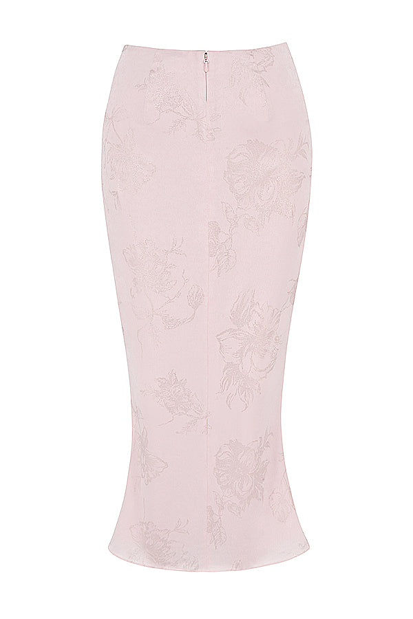 Corsetto lungo in raso floreale rosa con gonna midi