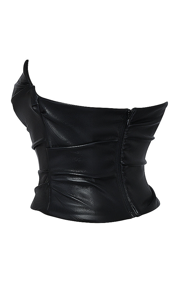 Corsetto in pelle vegana nera con scollatura profonda
