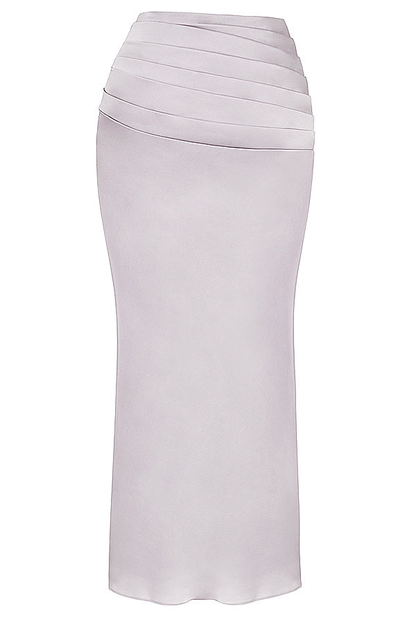 Corsetto grigio con ferretto e maxi gonna plissettata in raso