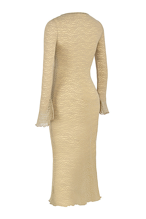 Maxi vestito color pietra con pizzo floreale