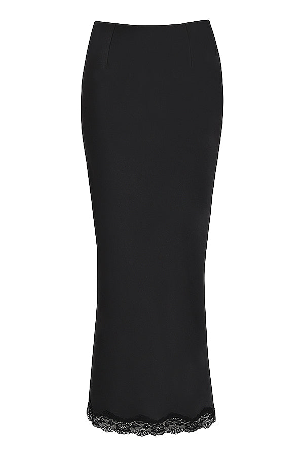 Corsetto in pizzo nero con gonna midi in raso