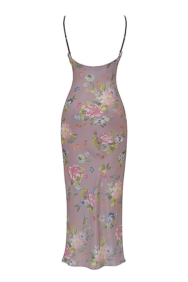Maxi vestito color malva con fiori