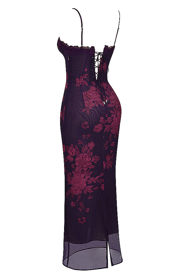 Abito maxi con stampa uva e stampa floreale