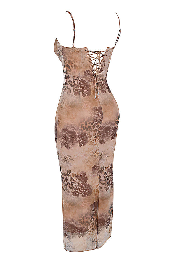 Maxi vestito color panna con stampa floreale