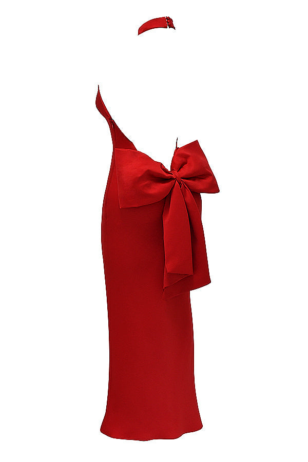 Abito con scollo all'americana con fiocco rosso