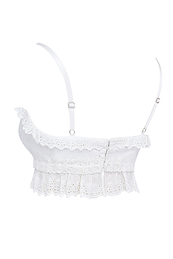 Top bralette in pizzo sangallo bianco con pantaloni