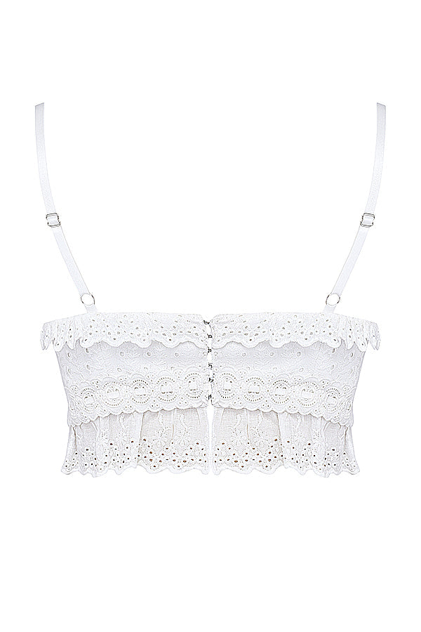 Top bralette in pizzo sangallo bianco con pantaloni