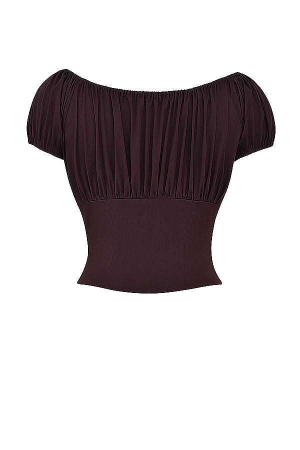 Top con volant in marrone scuro e gonna midi con volant