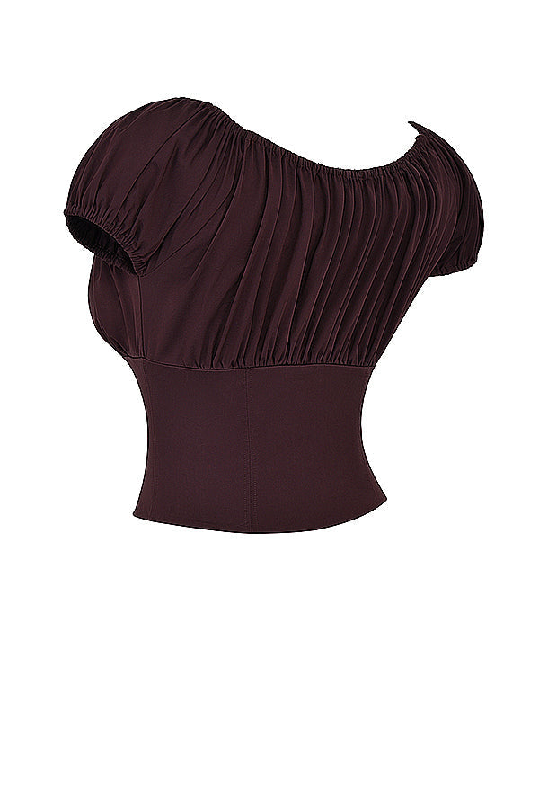 Top con volant in marrone scuro e gonna midi con volant