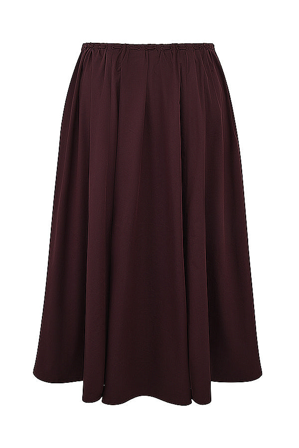 Top con volant in marrone scuro e gonna midi con volant