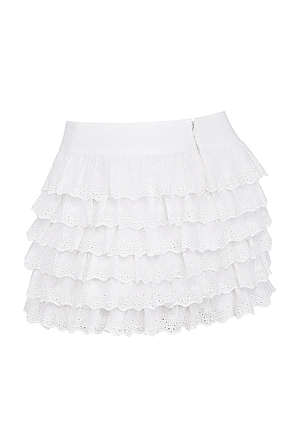 Corsetto bianco in pizzo sangallo con minigonna a strati