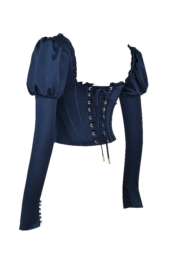 Corsetto blu navy con maniche a sbuffo e maxi gonna in raso con taglio in sbieco