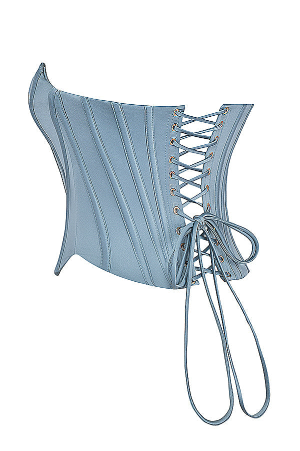 Corsetto in raso decorato blu freddo con gonna
