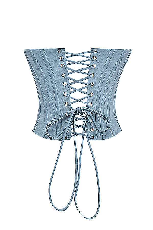 Corsetto in raso decorato blu freddo con gonna