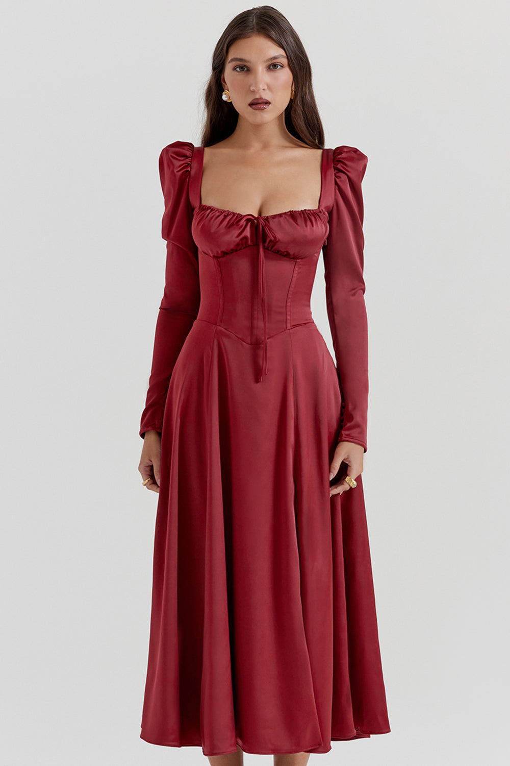 Abito longuette con corsetto rubino