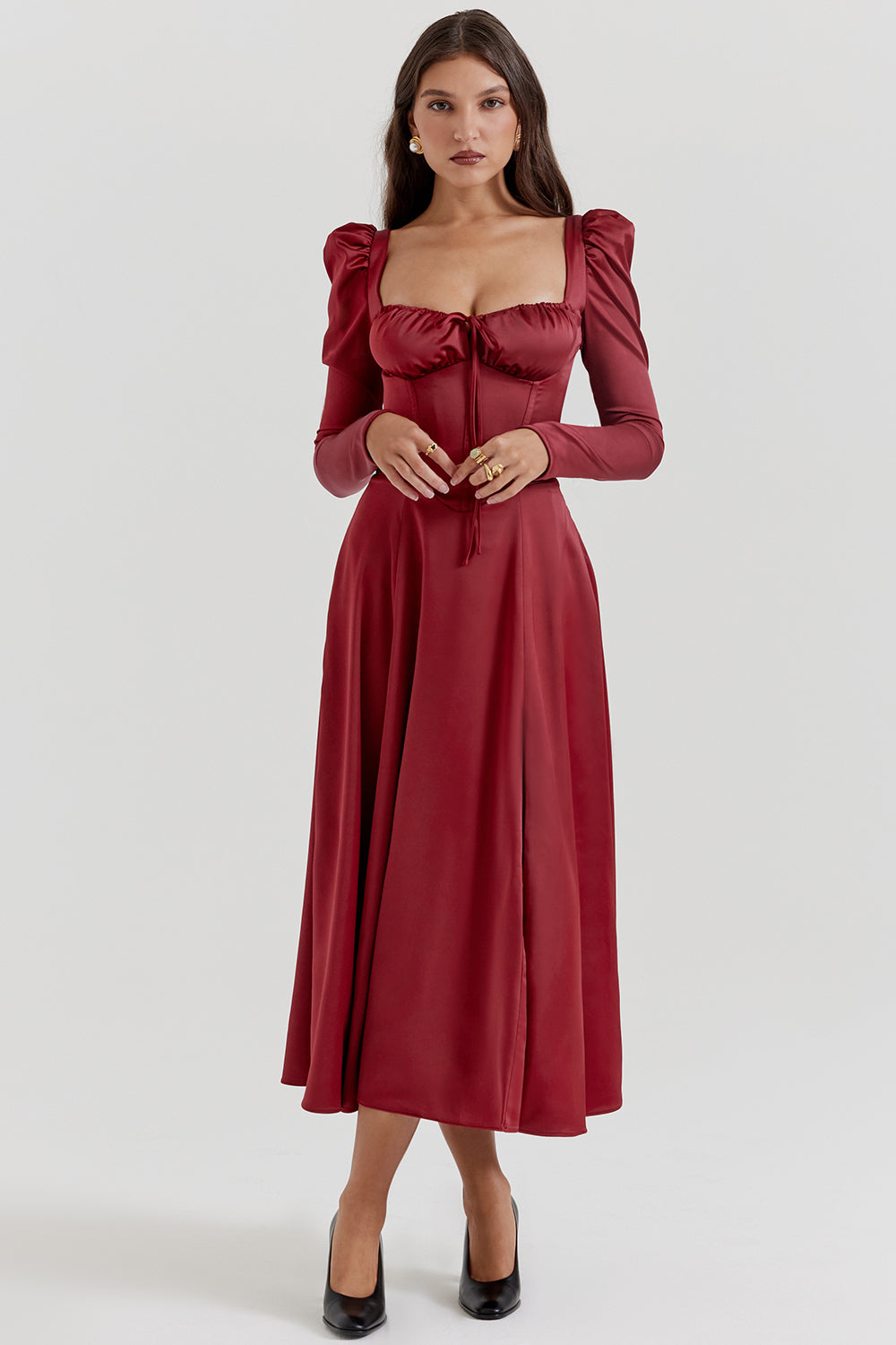 Abito longuette con corsetto rubino