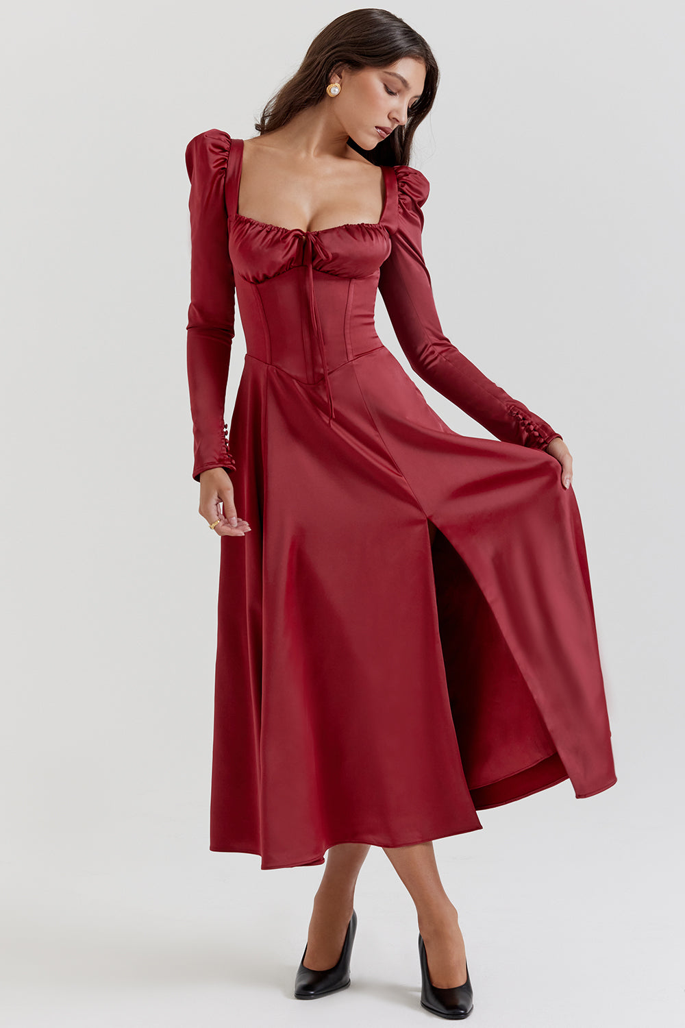 Abito longuette con corsetto rubino