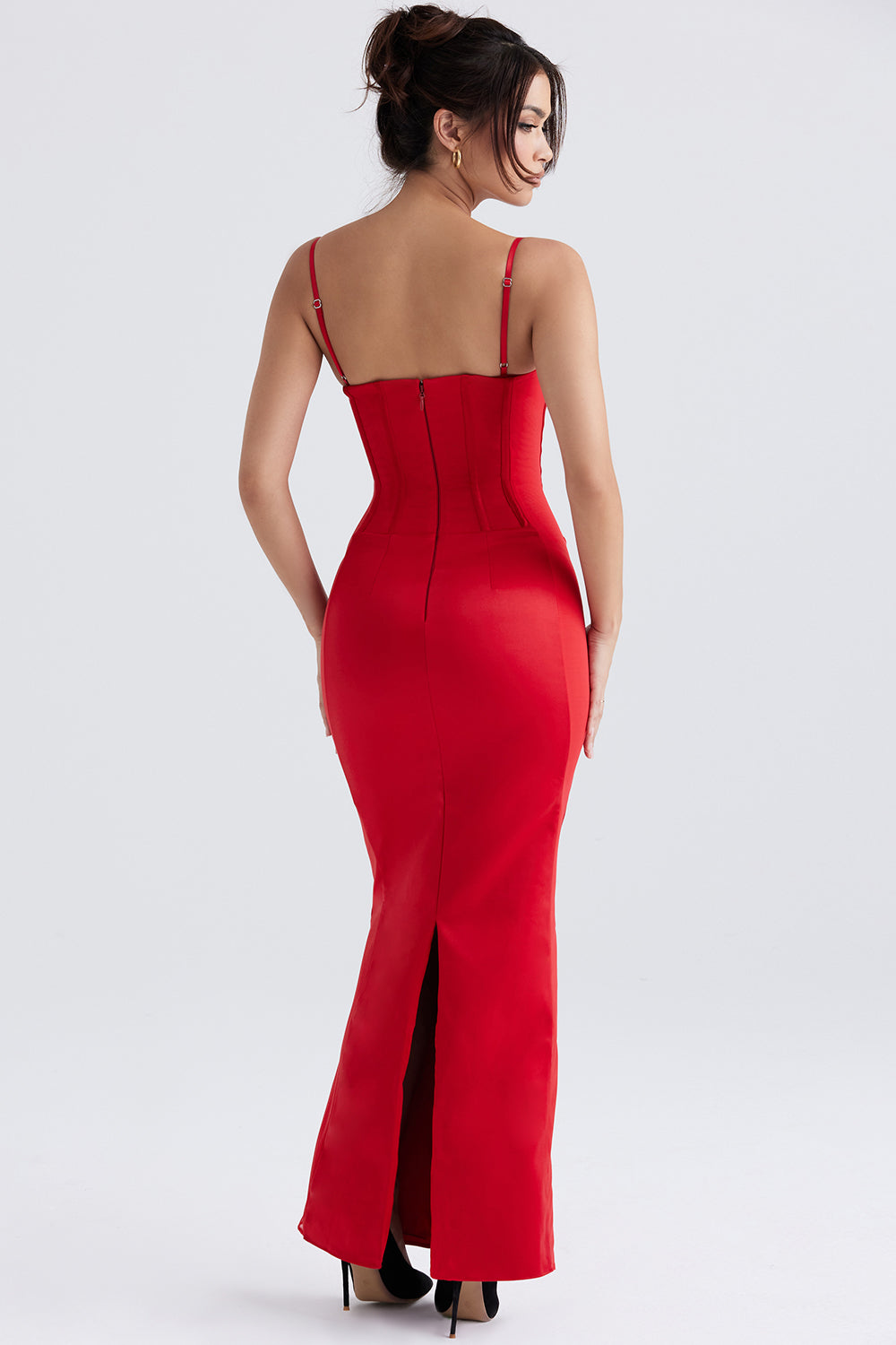 Abito lungo con corsetto in raso rosso
