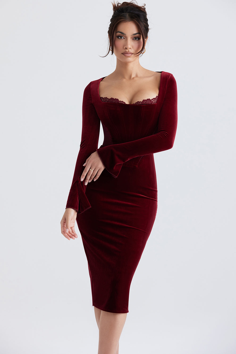 Abito corsetto in velluto color vino