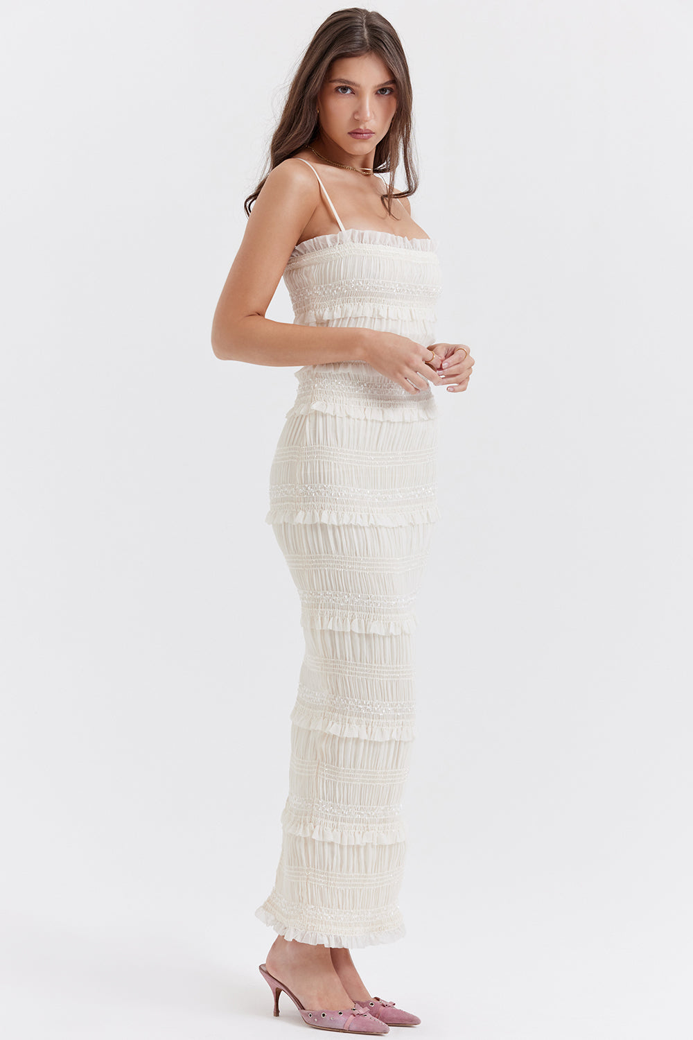 Abito a corsetto con pieghe di paillettes