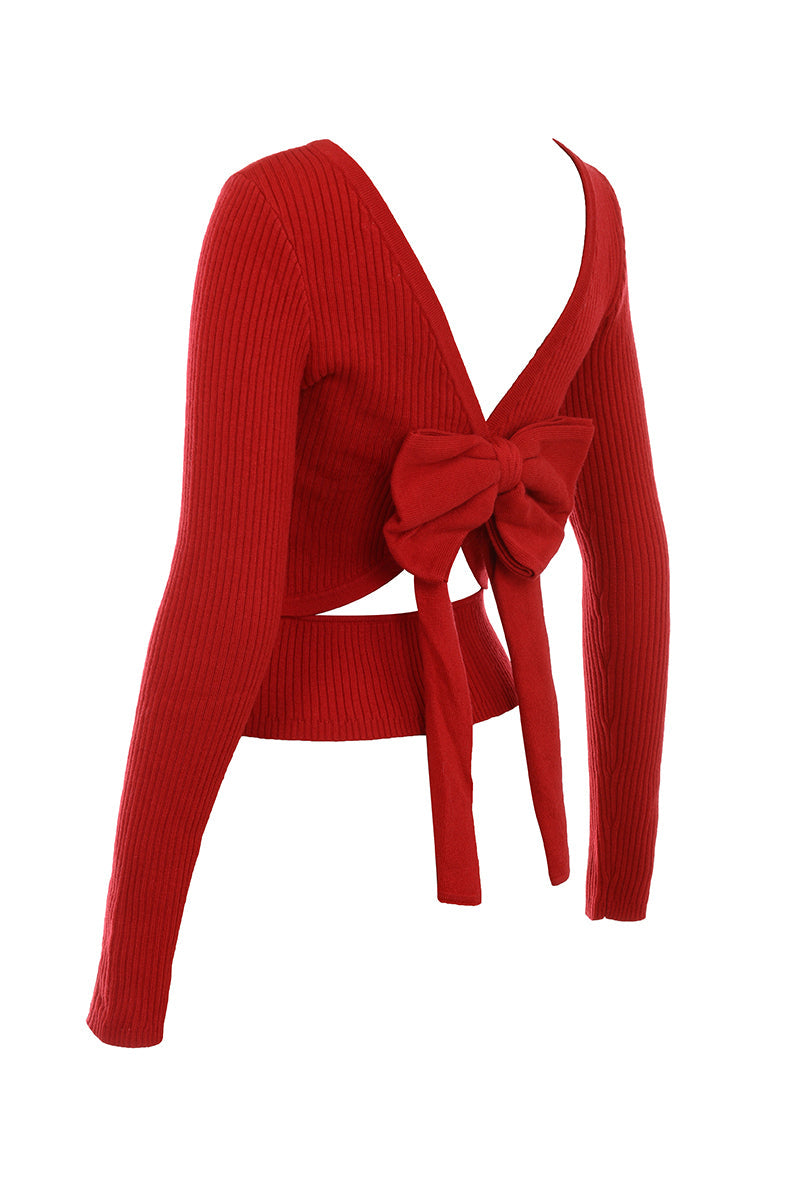 Maglia in misto cashmere rosso scarlatto con fiocco