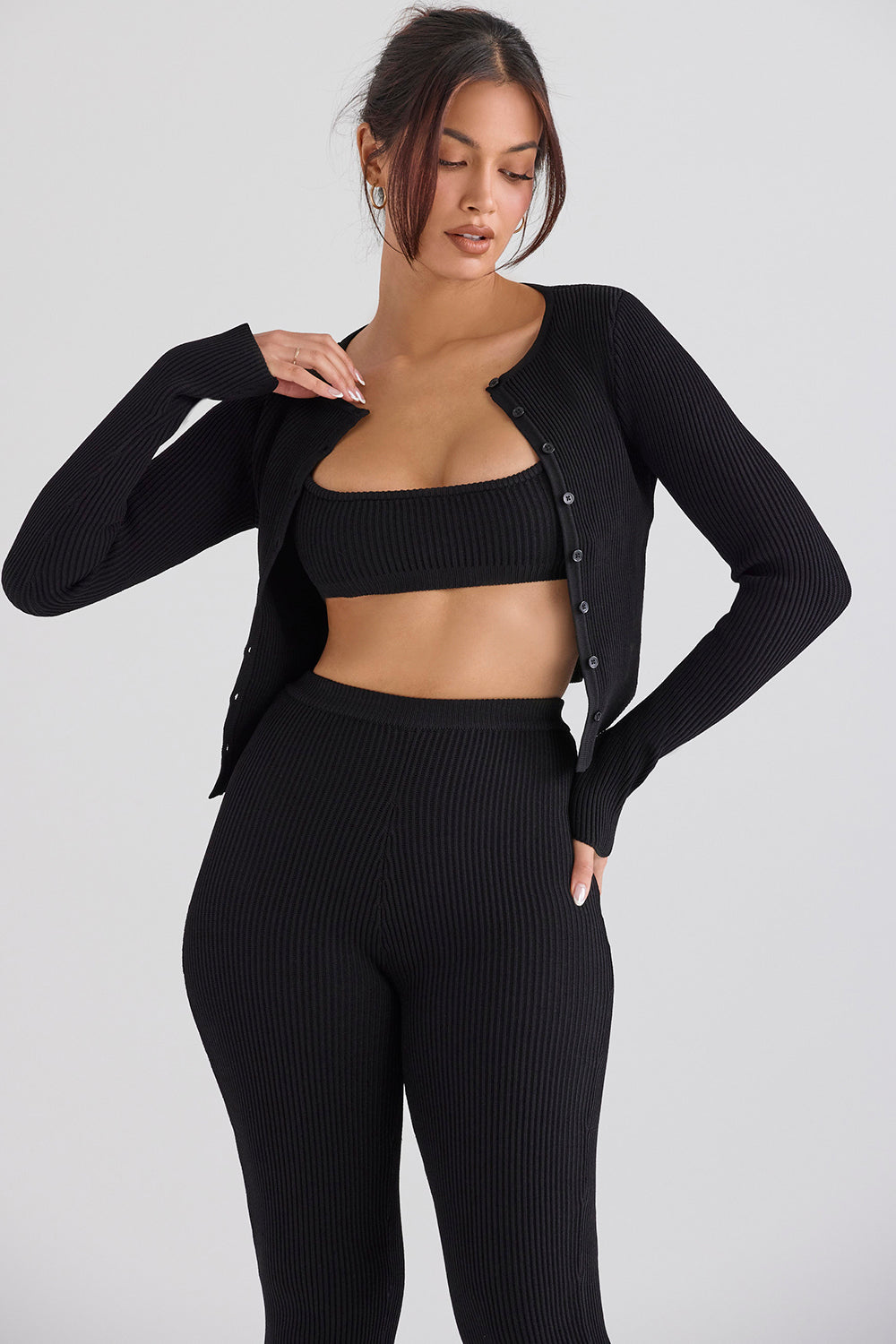 Cardigan in maglia a coste con leggings