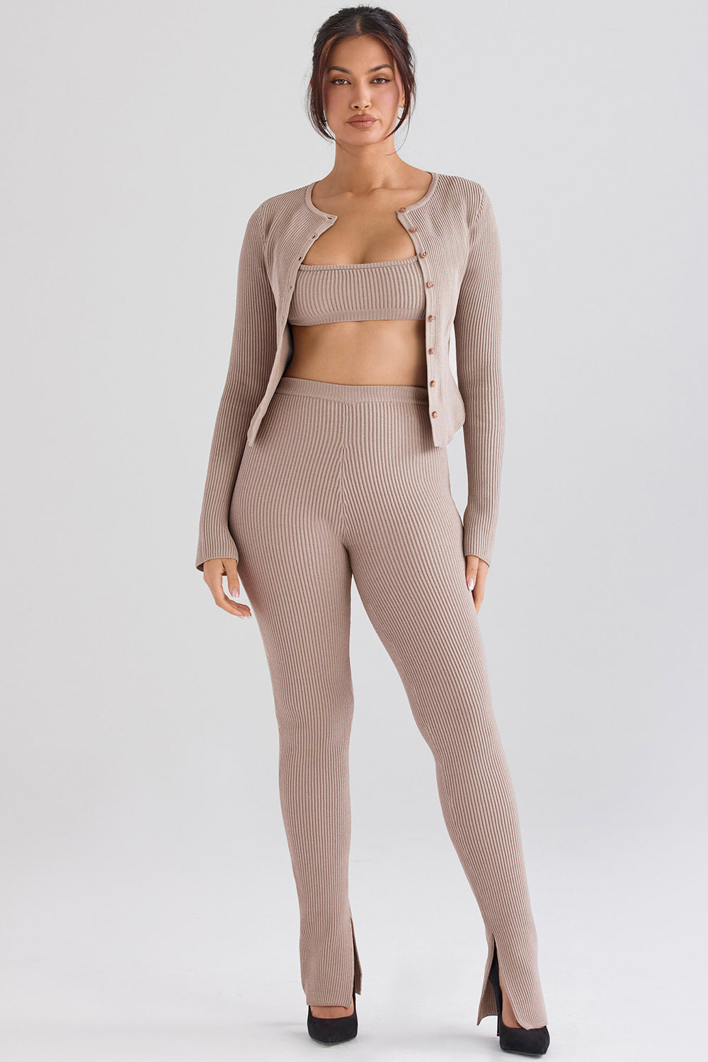 Cardigan in maglia a coste con leggings
