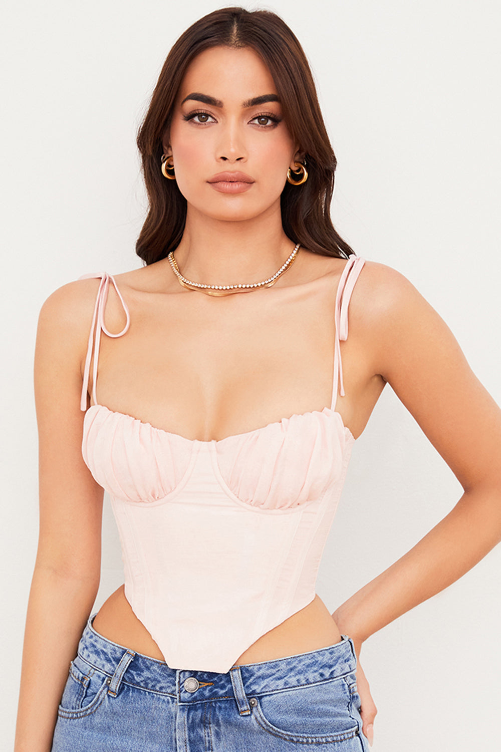 Corsetto corto rosa confetto con busto in chiffon plissettato