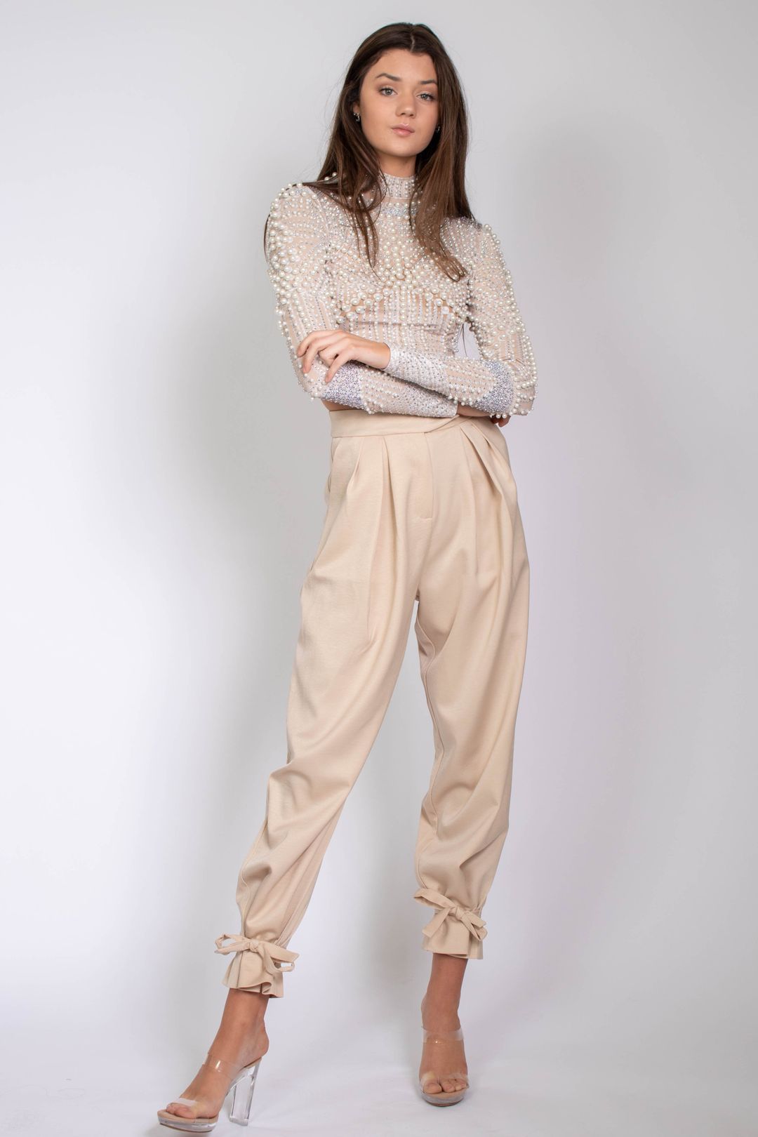 Pantaloni casual a gamba larga con nastro