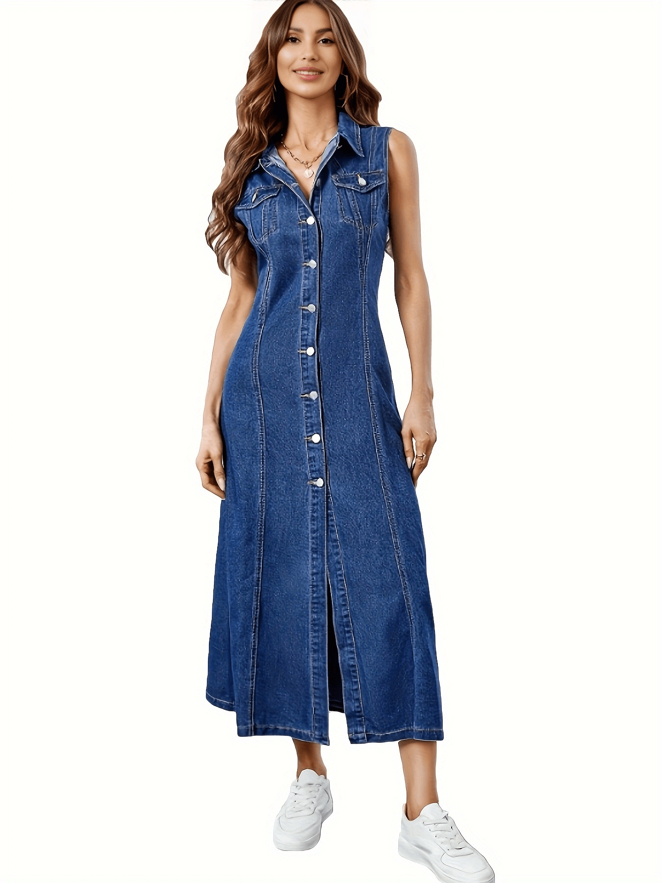 Abito in denim senza maniche con revers