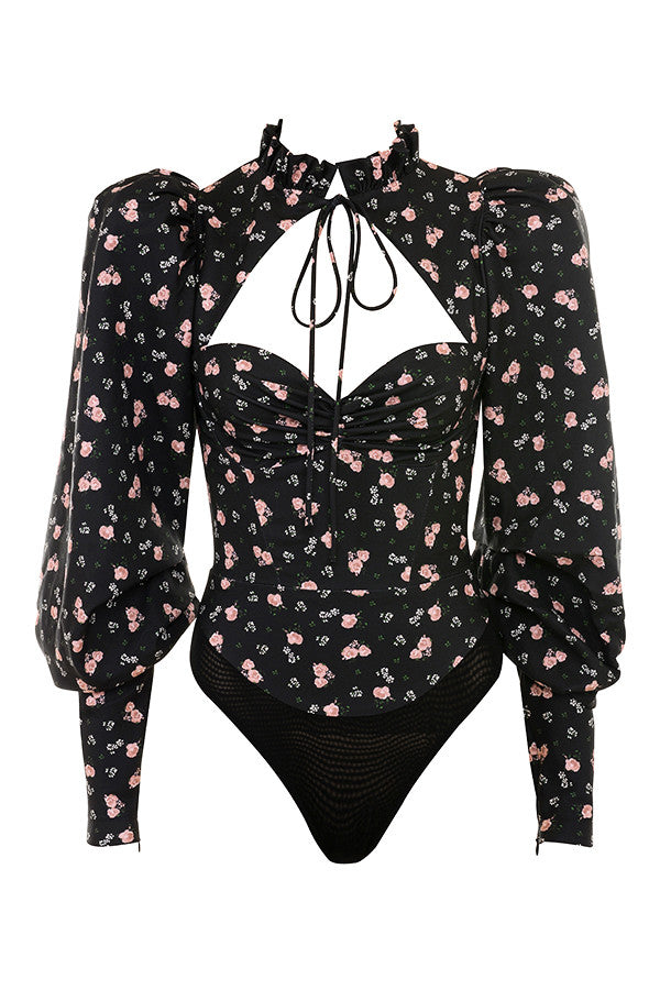 Body corsetto nero con collo alto e stampa floreale