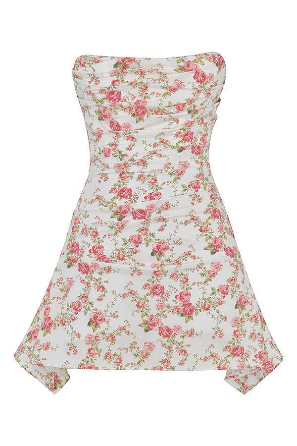 Abito a corsetto drappeggiato con stampa di rose