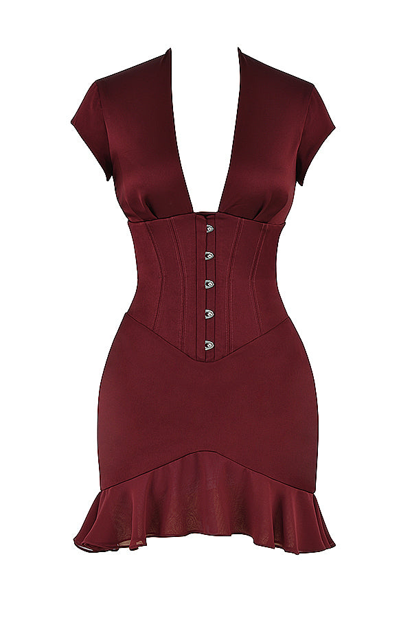 Abito corsetto rosso vino con volant