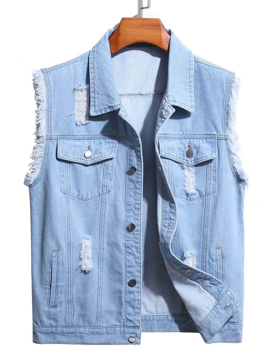 Gilet blu denim strappato da uomo