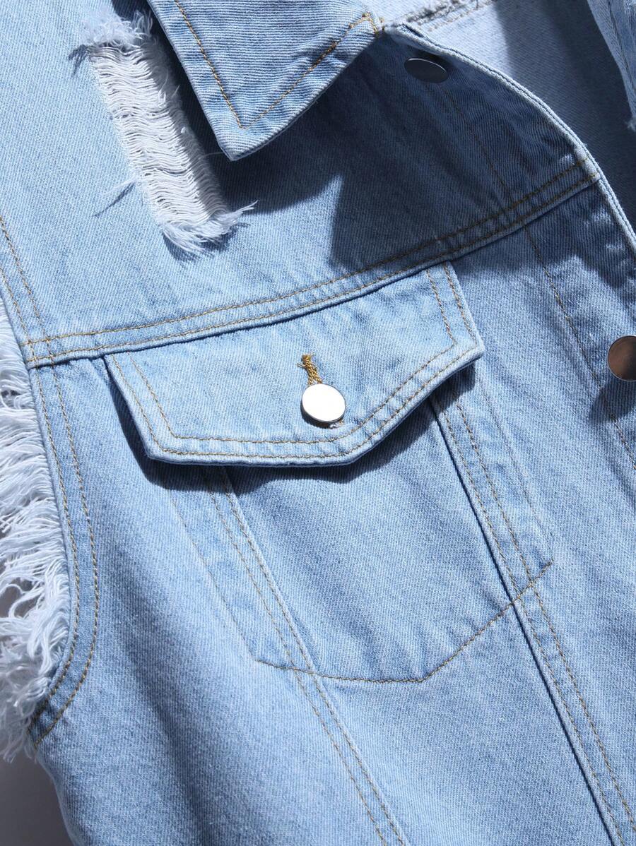 Gilet blu denim strappato da uomo