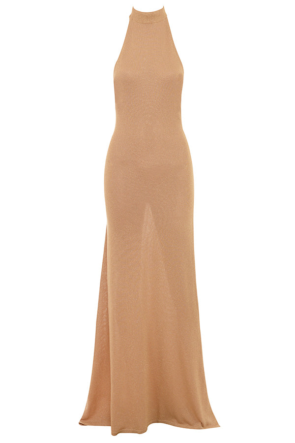 Maxi vestito in maglia color oro