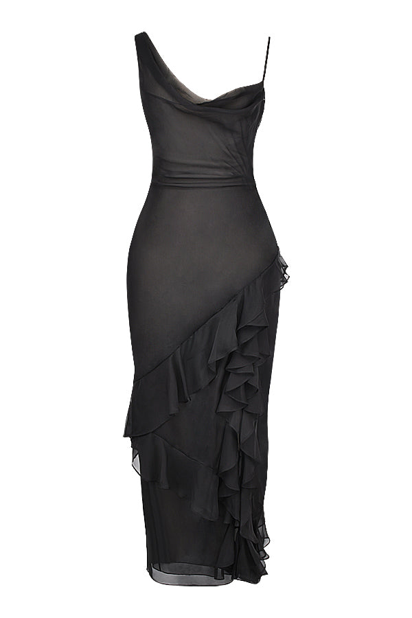 Maxi vestito nero con volant
